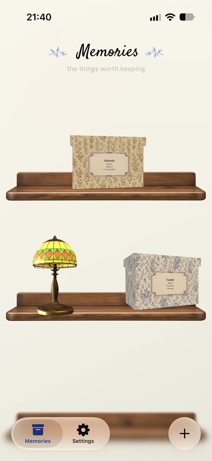 The Memories app: wallpapered memory boxes and a stained-glass lamp on wooden shelves